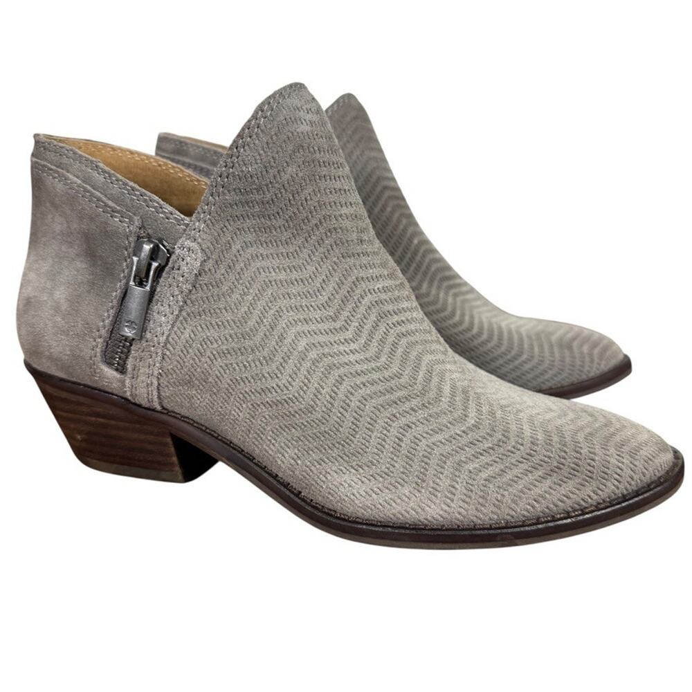 Lucky Brand Fhuna Gray Suede Side Zip Chunky Heel Booties Ankle Boots Shoes 6.5